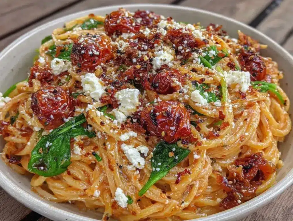 creamy baked feta tomato pasta - featured image