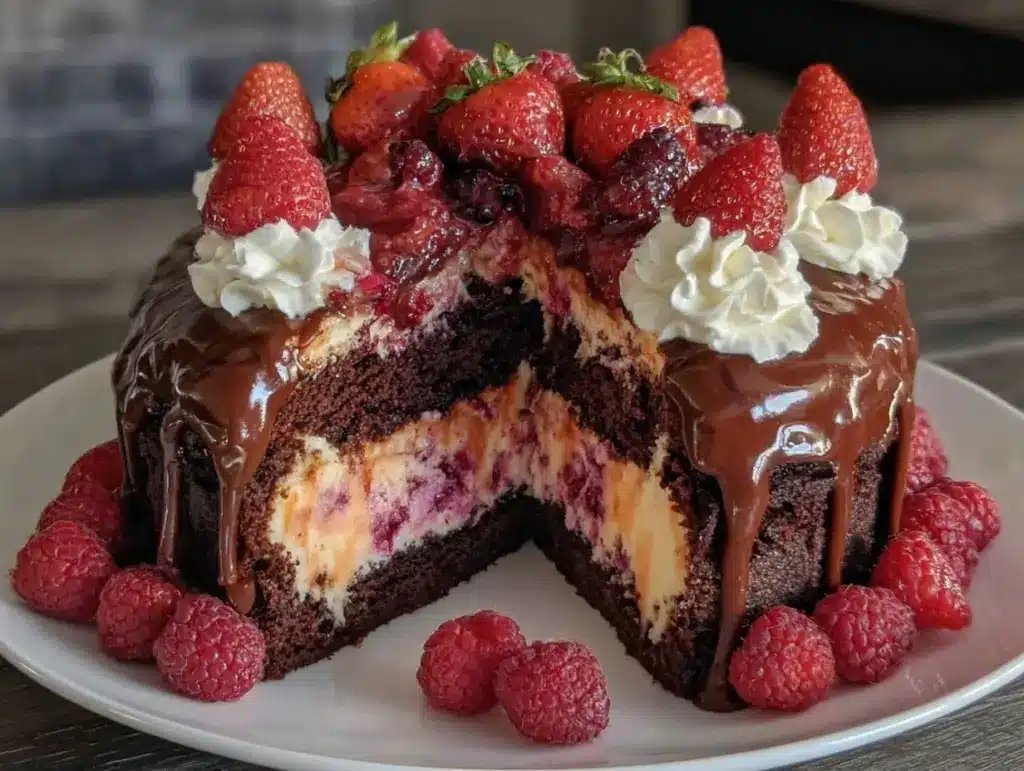 creamy chocolate raspberry drip cake - featured image