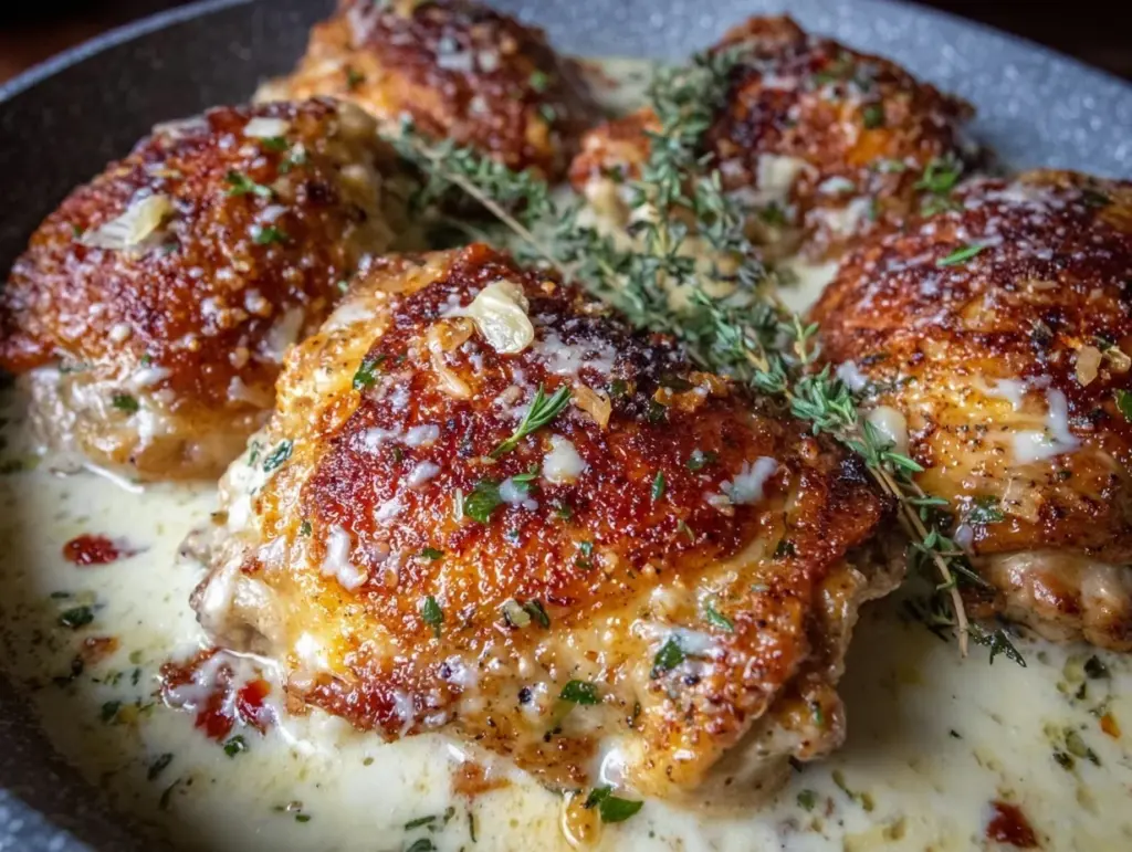 creamy garlic parmesan chicken thighs - featured image