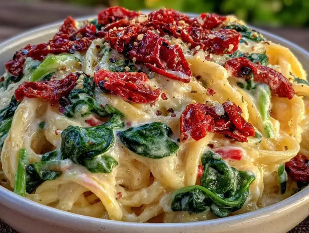 creamy spinach and sun dried tomato pasta preparation steps
