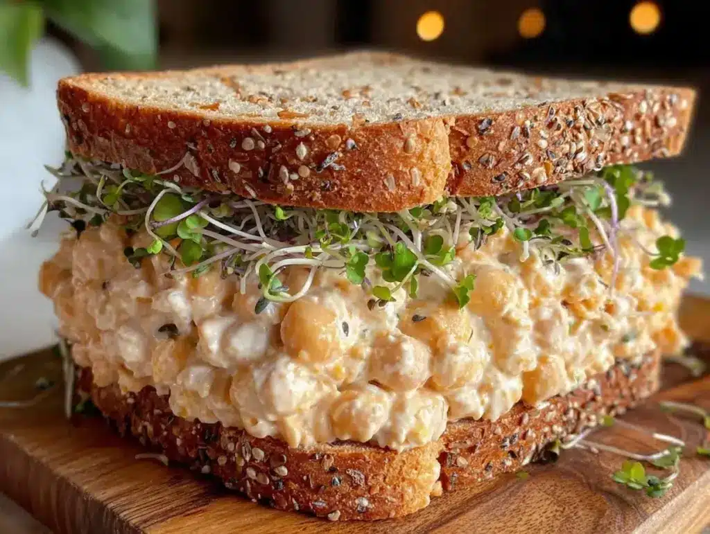 creamy vegan chickpea salad sandwich - featured image