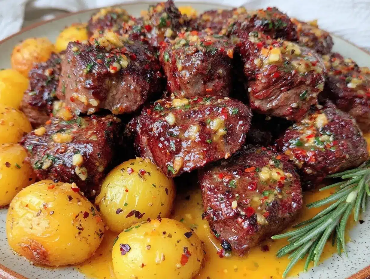 garlic butter steak bites and potatoes preparation steps