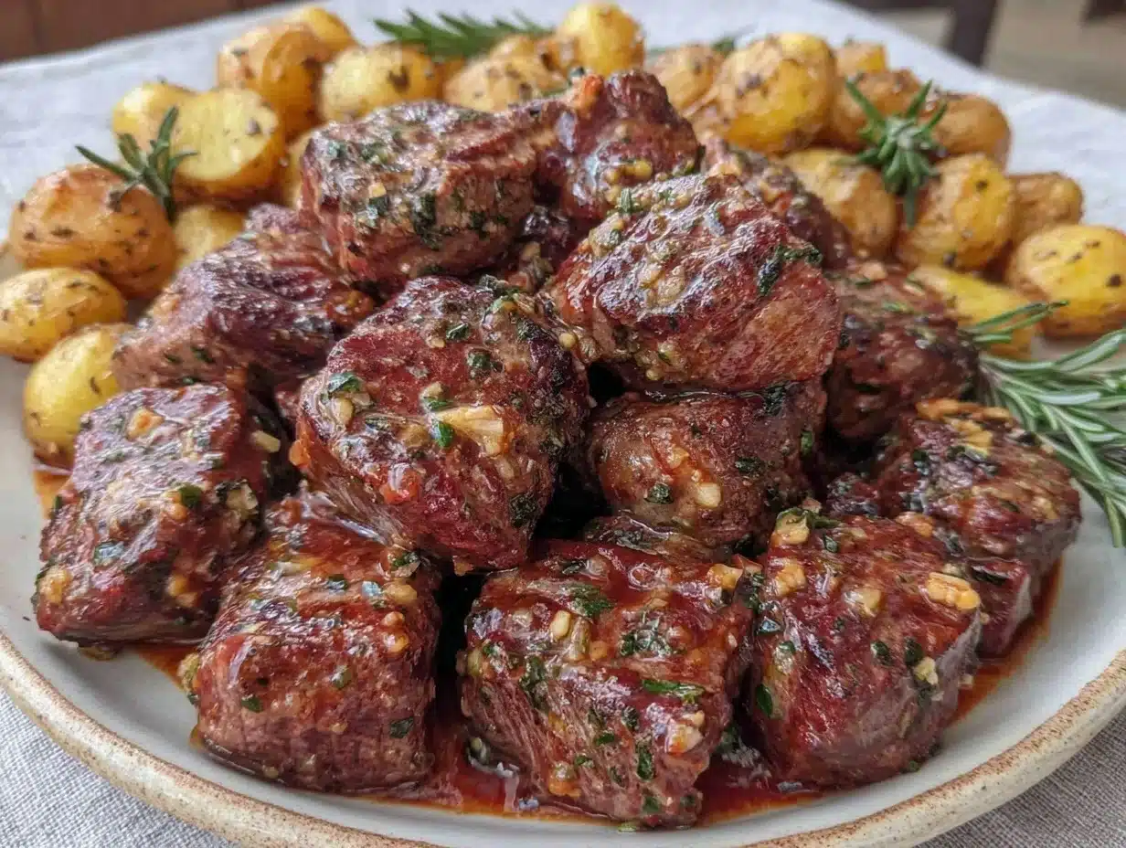 garlic butter steak bites and potatoes - featured image