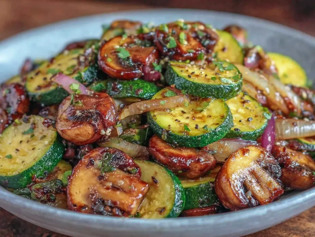 healthy low carb stir fry zucchini mushrooms onions - featured image