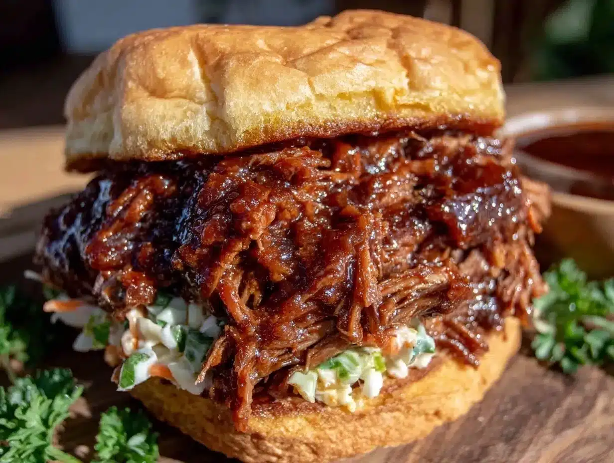 slow cooker BBQ pulled beef sandwich preparation steps